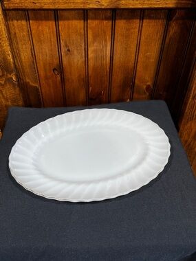 Vintage Anchor Hocking White Scalloped Rim Serving Platter with gold accent